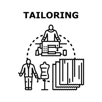 Tailoring process involving sewing machine, fabric, and measurements Stock Illustration
