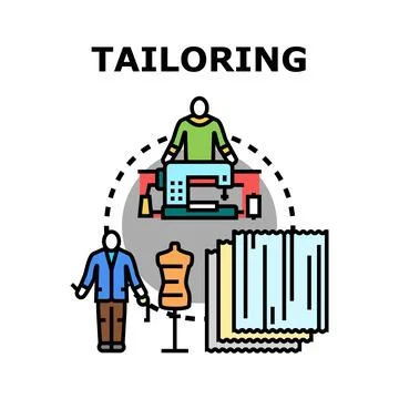 Tailoring process involving sewing machine, fabric, and measurements Stock Illustration