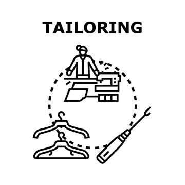 Tailoring process with sewing machine and hangers concept Illustrazione stock