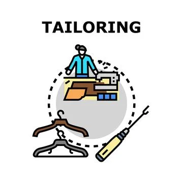 Tailoring process with sewing machine and hangers concept Stock Illustration