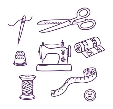 Tailoring Sewing Tools Line Icon Set With Needle Scissors Machine Stock Illustration