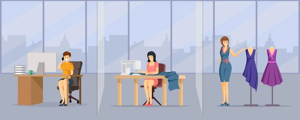 Tailoring studio, atelier flat vector illustration. Young fashion company Stock Illustration