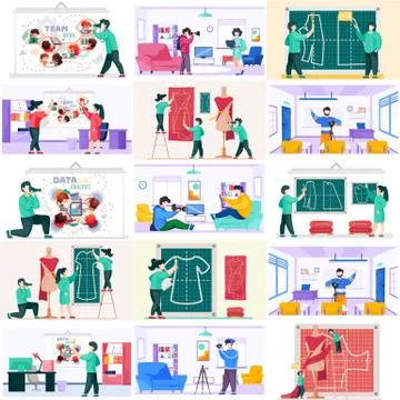 Tailoring in studio creating a pattern. Photographer with camera and tripod in Illustrazione stock