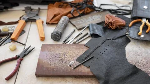 Tailoring workshop arrangement on the table Stock Photos