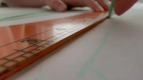 The tailor's hands are marking the pattern with chalk. Sewing and design of Stock Footage 269800016