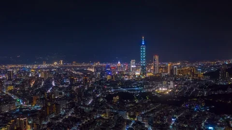 Taipei city downtown night illumination aerial panorama 4k timelapse taiwan Stock Footage