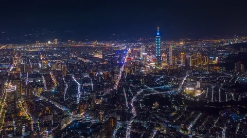 Taipei city downtown night illumination aerial panorama 4k timelapse taiwan Stock Footage 117511262