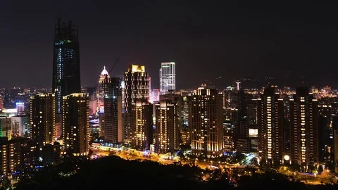 Taipei - Night time lapse elevated city view with Taipei 101 skyscraper. 4K Stock Footage 73376213