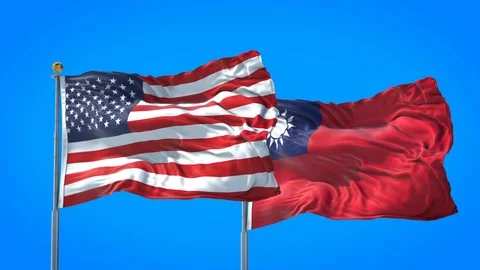 Taiwan and United States flag waving in deep blue sky together. Stock Footage