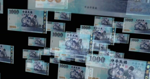 Taiwan Dollar 1000 banknote – flying between transparent money Stock Footage 222331817