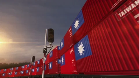 Taiwan export containers on cargo train wagons loop Stock Footage 302471805