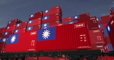 Taiwan export containers on cargo train wagons loop Stock Footage 302587169