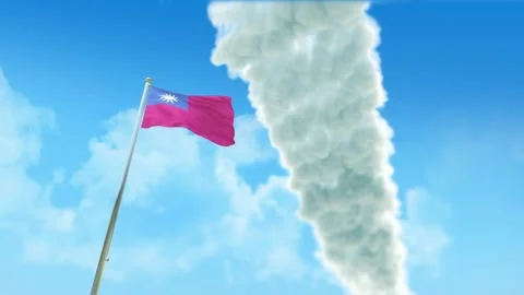 Taiwan Flag 3D Render Animation on Pole with Fighter Jets Smoke Trails in Bl Stock-Footage 333242680
