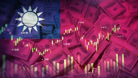 Taiwan Flag on Economic Background With Decrease Bar Chart Graph And Arrow 库存影片 320893314