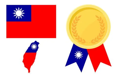 Taiwan flag with map and gold medal in set for web and banners or app and gam Stock Illustration