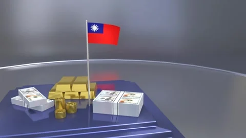 Taiwan flag with stacks of gold bars coins and dollar bills on blue podium .. Video stock 328664489