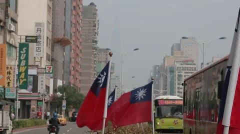 Taiwan Flag in the wind Looking at traffic-Dan Stock Footage