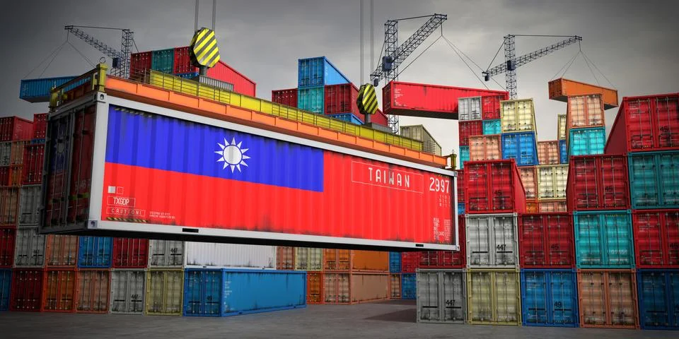 Taiwan - freight container in cargo terminal - 3D illustration Stock Illustration