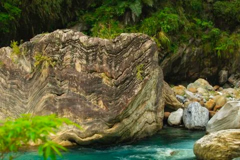 Taiwan, Hualien, Taroko, Scenic Area, Shakayu Stream, Stream, Giant Stone Stock Photos