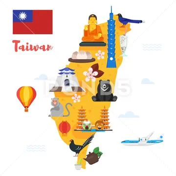 Taiwan map with cultural symbols.: Graphic #78481301