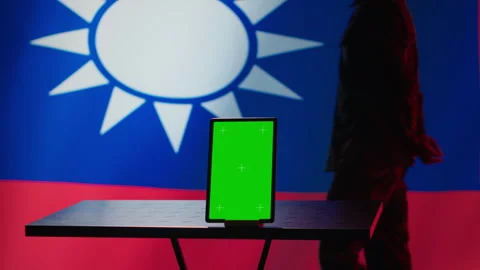 Taiwan military unit patrolling in command room in front of chroma key device Stock Footage 278294823