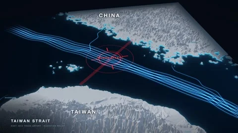 Taiwan Strait white 3D terrain relief map on a black sea with glowing cyan 스톡 동영상 344008783