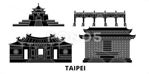 Taiwan, Taipei flat travel skyline set. Taiwan, Taipei black city ...