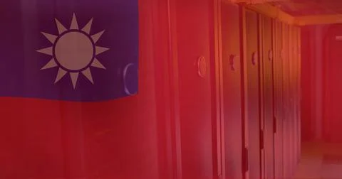 Taiwanese flag image over server racks in data center 库存插图