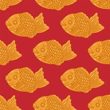 Taiyaki seamless pattern. Fish-shaped cake with red bean filling. Japanese Stock Illustration