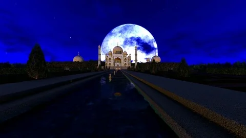 Taj Mahal with big moon on background Stock Footage 80280681
