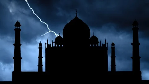 Taj Mahal: Lightning and Thunderstorm with the Indian Symbol in Agra, India Stock Footage 121329412