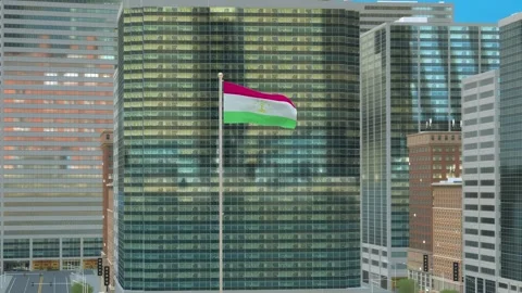 Tajikistan Flag 3D Render Animation on Pole with Modern Business District Bu Stock-Footage 332877605