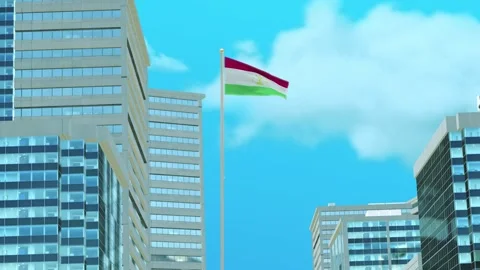 Tajikistan Flag 3D Render Animation with Urban Architecture and Clear Blue S Stock-Footage 332946961