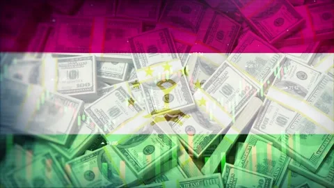 Tajikistan Flag on Economic Background With Decrease Bar Chart Graph And Arr 库存影片 320893339