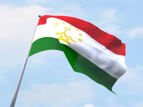 Tajikistan flag flying on clear sky. Stock Illustration