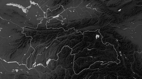 Tajikistan outlined on a Grayscale elevation map with lakes and rivers Illustrazione stock