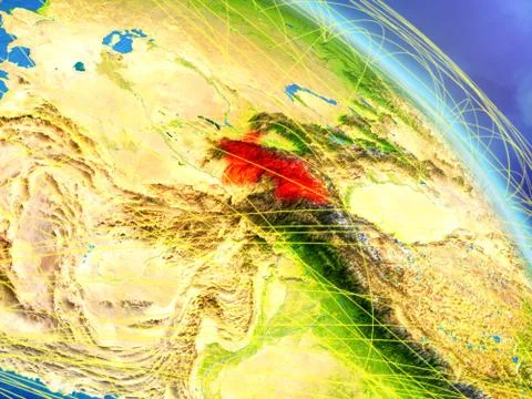 Tajikistan from space with network Illustrazione stock