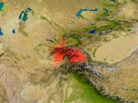 Tajikistan from space in red Stock-Illustration