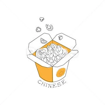 Take Away Lunch Box With Noodles Chinese Food And Wok Fast Food Cafe Menu Hand Stock Illustration