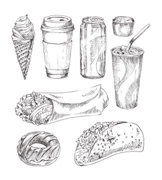 Take Away Refreshing Drinks and Fast Food Icon Set Stock Illustration
