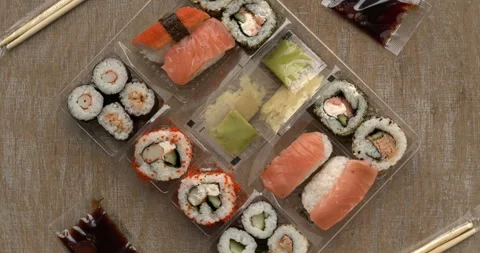 Take away sushi in plastic container top view. Stock Footage 279923228
