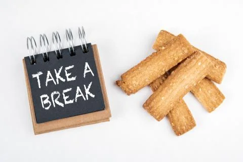 TAKE A BREAK. Work and study load, stress and rest concept. Black notebook and Stock Photos