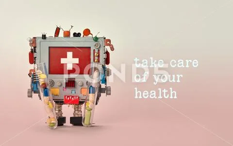 Take care of your health advertisement template poster. Medical first aid Stock Photos