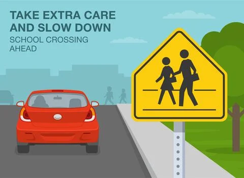 Take extra care and slow down, school crossing ahead. Rear view of a red car. Stock Illustration