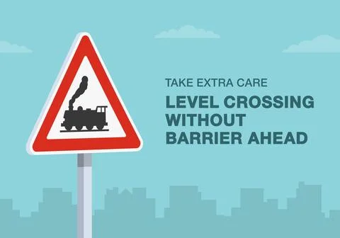 "Take extra care, level crossing without barrier ahead" warning traffic sign. イラスト素材