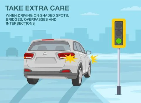 Take extra care when driving on bridges and intersections. Back view of suv. Stock Illustration