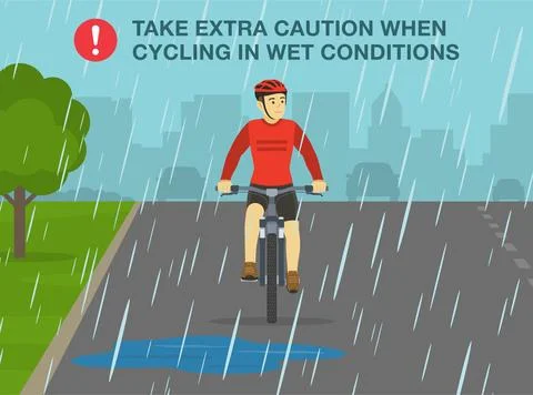Take extra caution when cycling in wet conditions. Front view of a cyclist. Stock Illustration