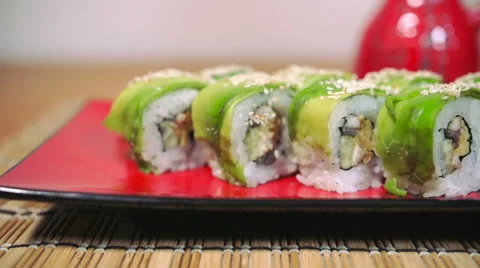 Take the Green Sushi with Chopsticks Dolly Shot Slow Motion Stock-Footage 59882462