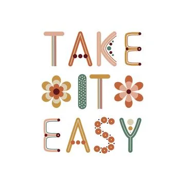 Take it easy quote. 70 s groovy card prints with rainbow letters. Printable v Stock Illustration