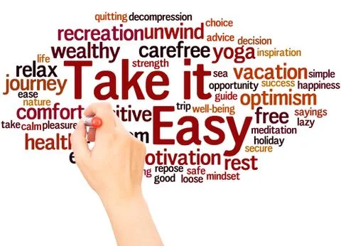 Take it Easy word cloud hand writing concept Stock Photos